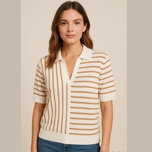 Aaeda Polo Collar Stripe Sweater Gold Metallic short sleeves Sz XL